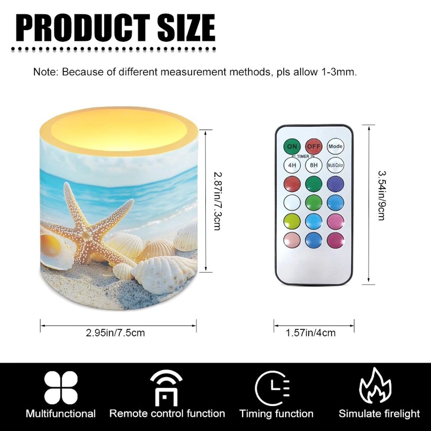 Merkmak 4 Pack Flickering Flameless Candles with Remote and Timer Control LED Pillar Tea Lights for Coastal Theme Home Decorations Battery Operated Candles, Shell Starfish