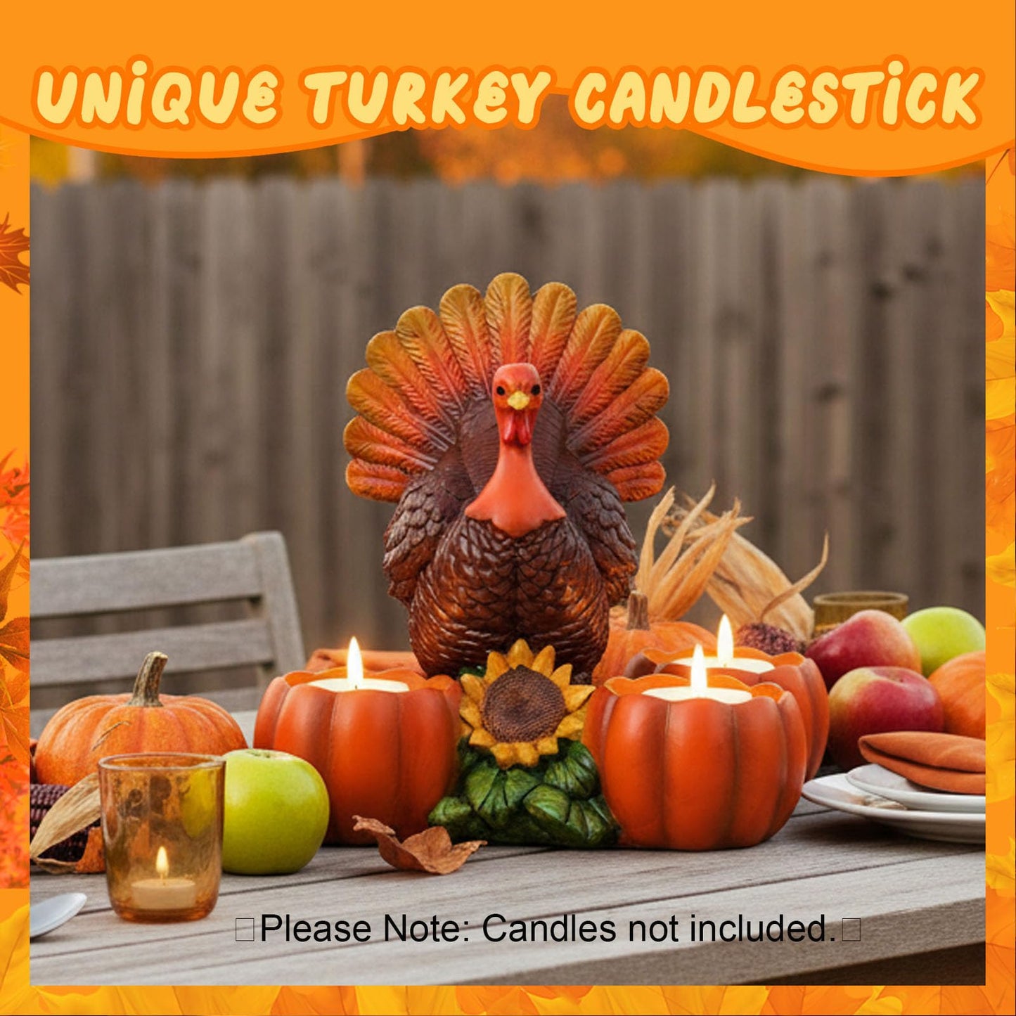 Thanksgiving Turkey Tealight Candle Holder with 3 Pumpkin & Sunflower Decor, Thanksgiving Table Centerpieces Autumn Votive Candle Holder Turkey Figurine for Fall Home Decor