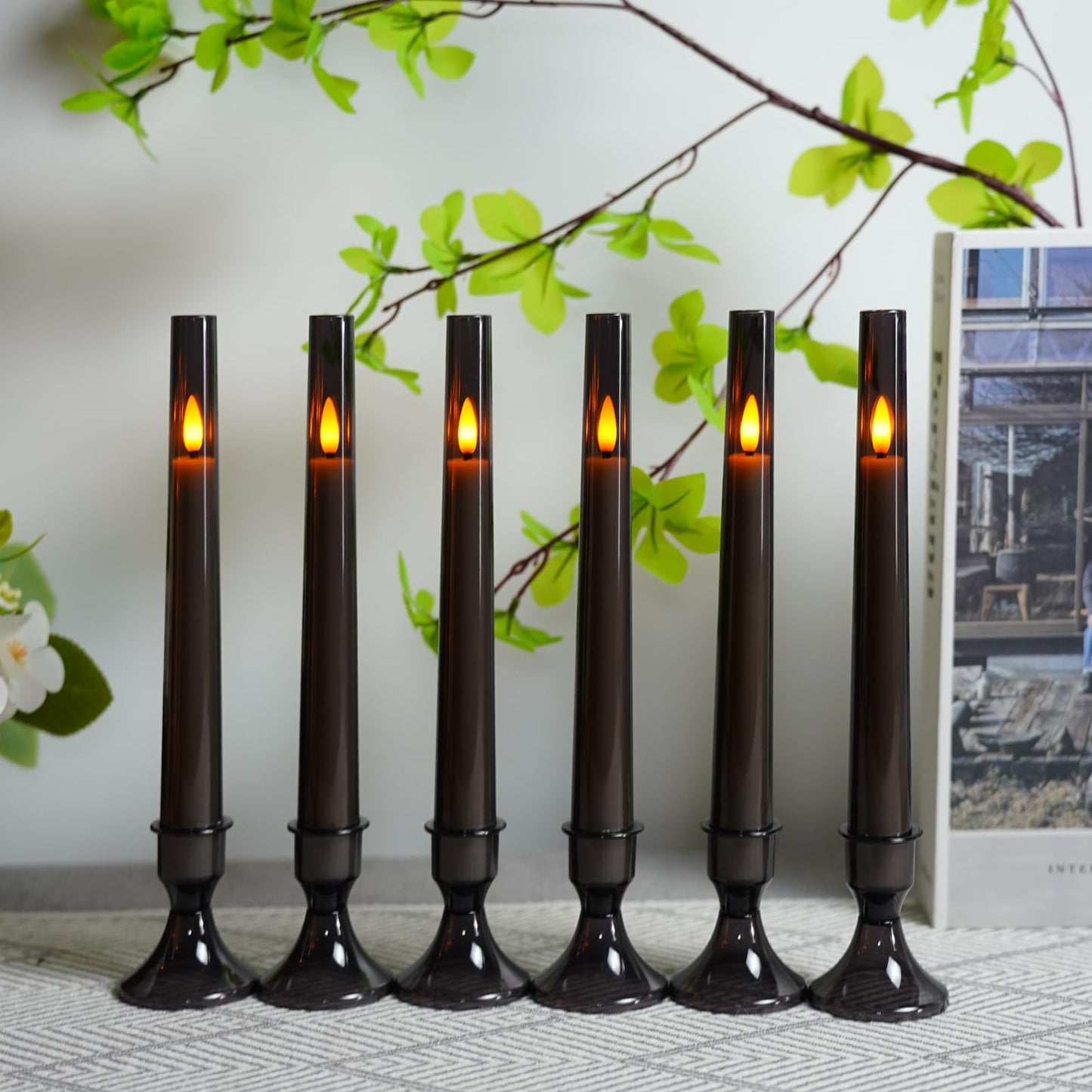 Lezonic Flameless Windows Candles Battery Operated with Timer Remote, 6Pcs Grey Acrylic Flameless Candlesticks with Holders, LED Taper Candles Flickering for Halloween Christmas, 0.8 x 8 inches