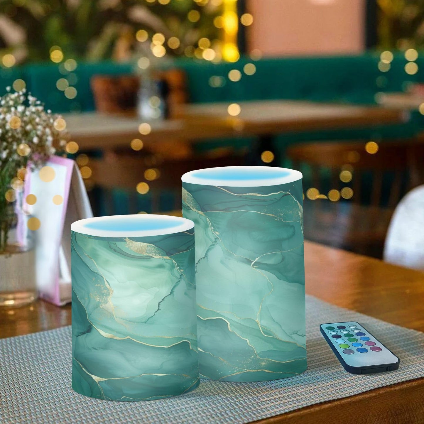 senya Lights Flameless Candles Green Marble Texture Pillar Candles Set of 2 Battery Operated Remote Control Warm Lights Home Decor