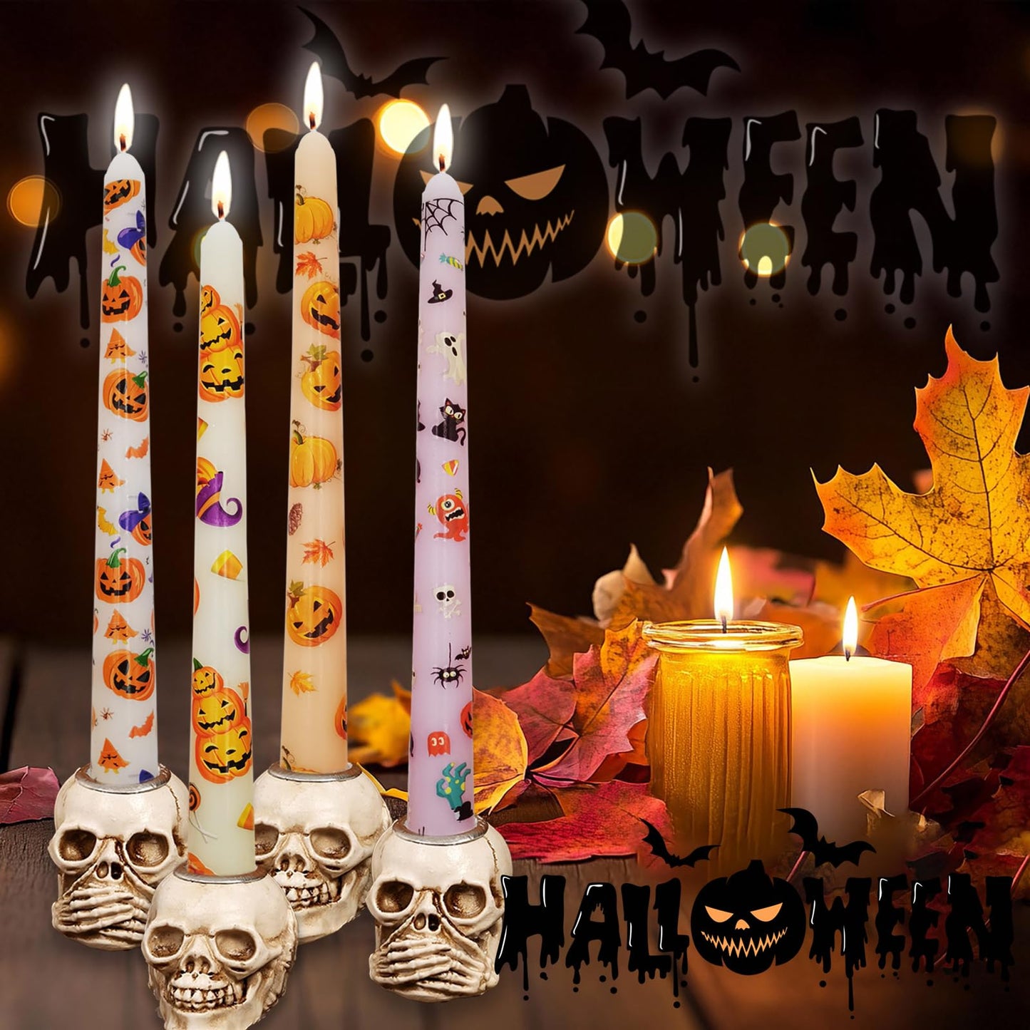 FYBW 10-Inch Halloween Taper Candle Set of 4,Pumpkin Skeleton & Bat Prints, Spider Web Spooky Dinner Candles,Gift for Festive Halloween Day Decoration,White