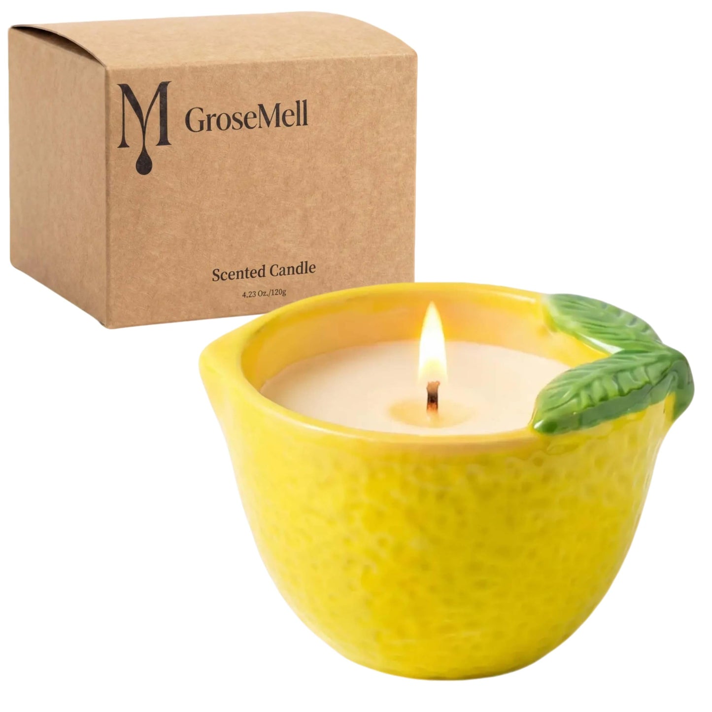 GroseMell Lemon Scented Candle – 4.23 oz (120g) Natural Soy Wax, 30-Hour Clean Burn, Lemon-Shaped Ceramic Jar, Home Fragrance & Thoughtful Gift for Home (Yellow)