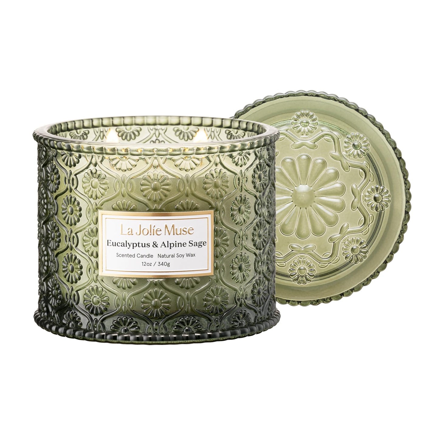 LA JOLIE MUSE Eucalyptus & Alpine Sage Scented Candle | Eucalyptus, Sage, Lavender | 12 oz Double Cotton Wick Soy Candle | 60 Hours Clean Burn | Daily Relaxation & Cozy Ambiance | Elegant Home Decor