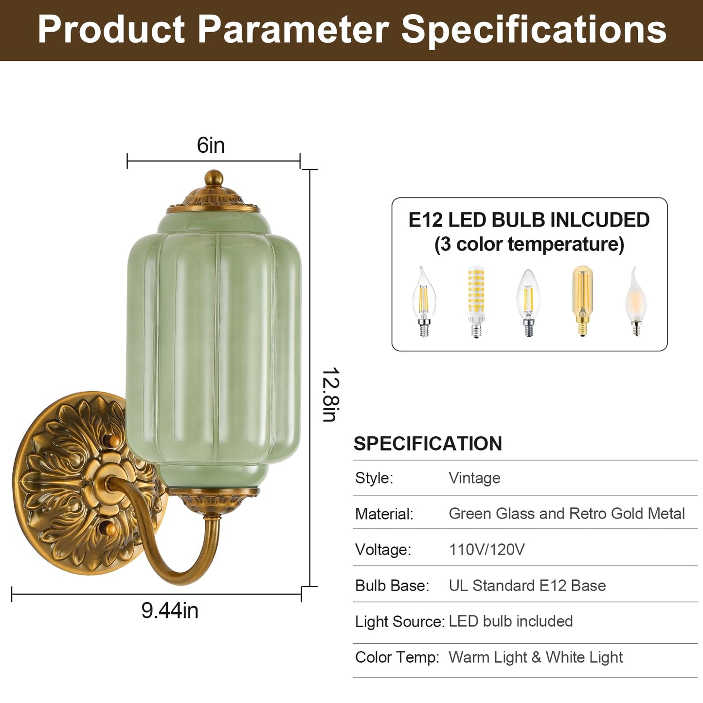 Pandaluna Vintage Wall Sconce, Green Milk Glass Light Fixture, 5.5In Art Deco Antique Wall Sconce for Bedroom Bathroom Living Room Hallway Entryway, E12 LED Bulb Included, Retro Gold & Green 2 Pack