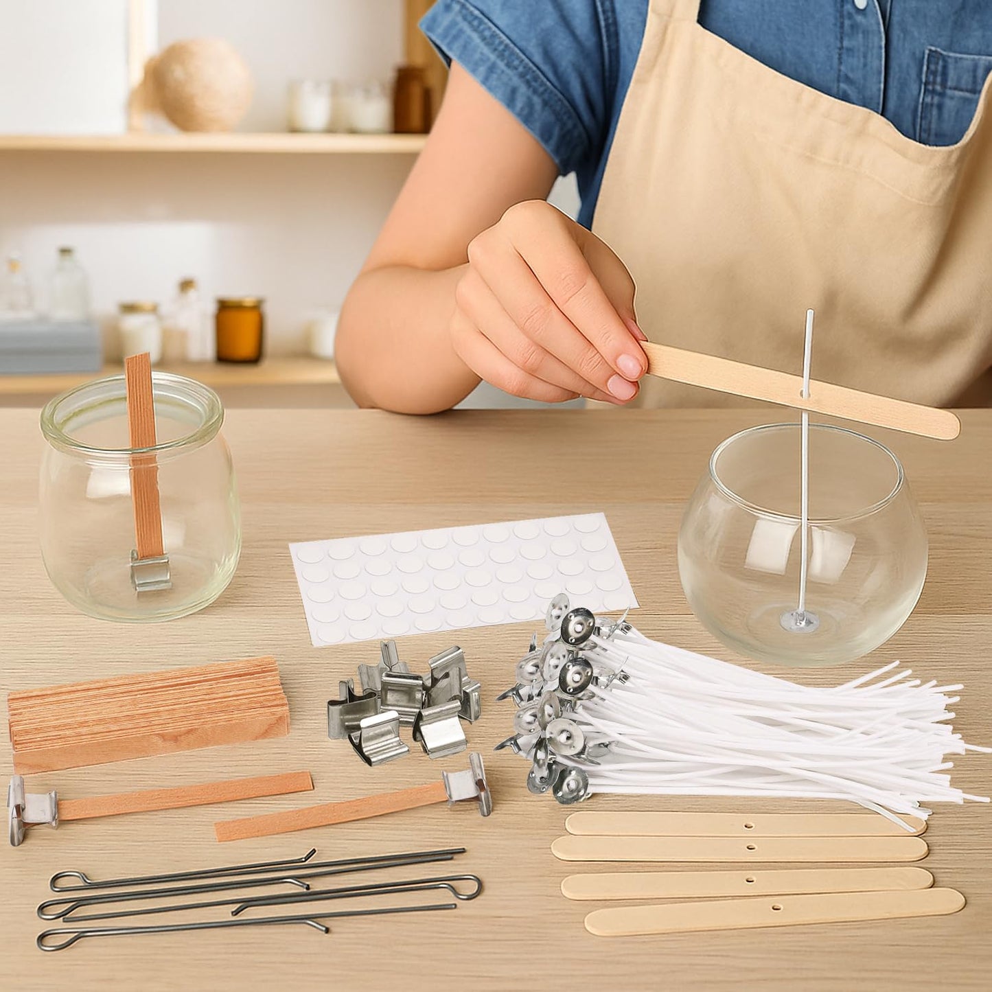 BlingFun Candle Making Supplies Kit - Natural Cotton & Wooden Wicks with Stickers, Sustainers, Holders for Soy Wax, Beeswax, Coconut Wax DIY Candle Making Supplies (Pack of 6)
