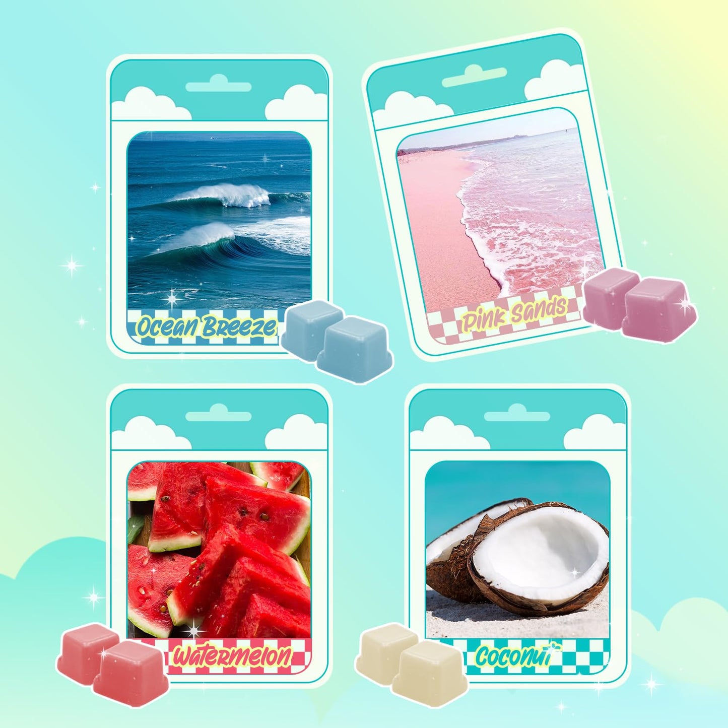 Soulorigin Summer Scented wax Melts, Soy Wax Tarts for Warmer, Scented Candles Gift Set -Sea Breeze, Coconut, Pina Colada, Pink Beach, Pineapple, Watermelon, Vanilla Ice Cream, and Fresh Cotton, 8Pack