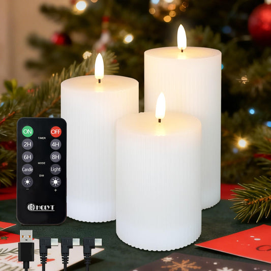 LEDHOLYT Rechargeable Flameless LED Pillar Candles–Luminous Real Wax Indoor Home Decor–Set of 3, Realistic Flickering LED Flame,Remote & Timer, USB-Rechargeable（White）