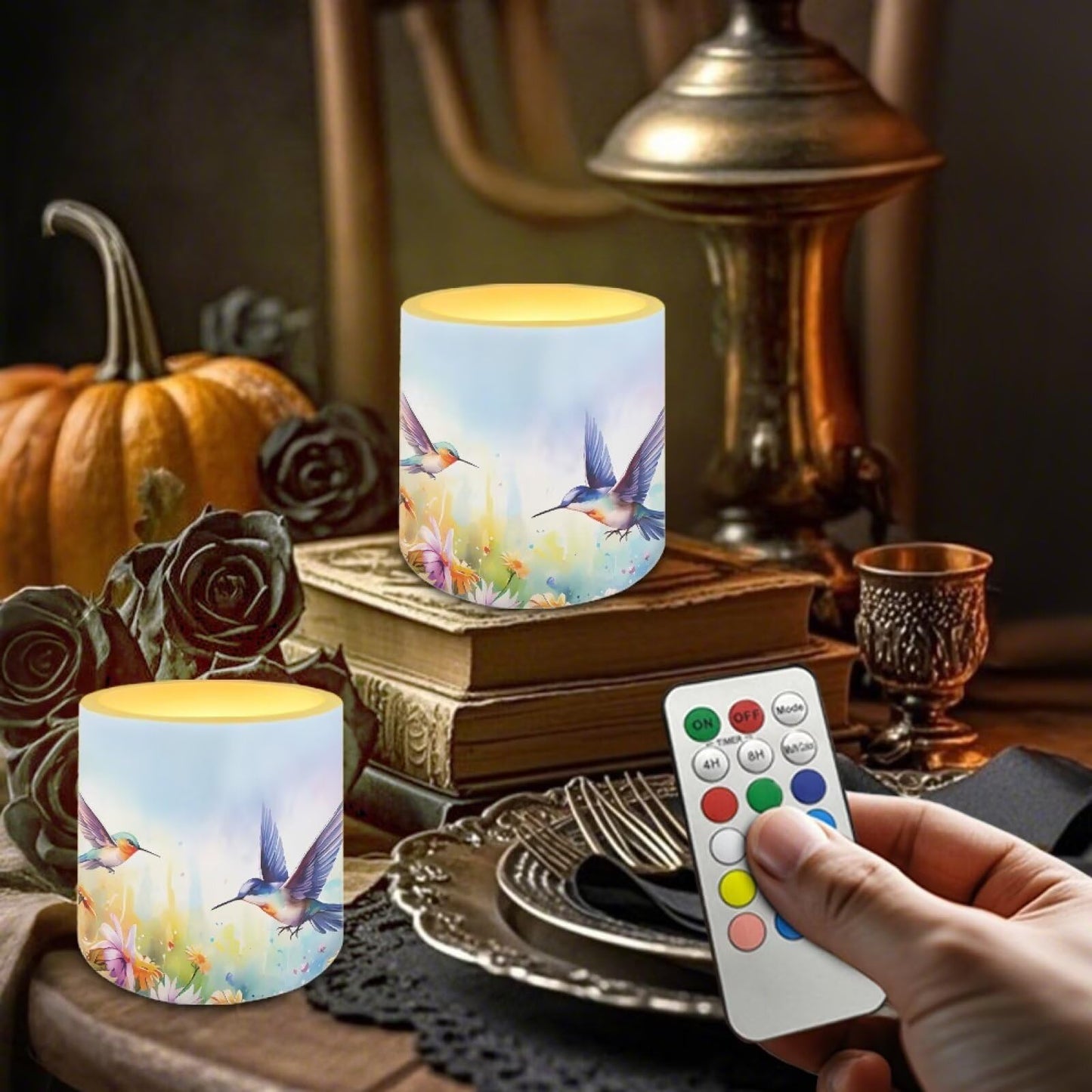 NETILGEN Daisy Hummingbird Purple Flameless Candles with Remote Control Timer LED Pillar Candles Set of 4 Battery Operated Candles for Home Party Decor