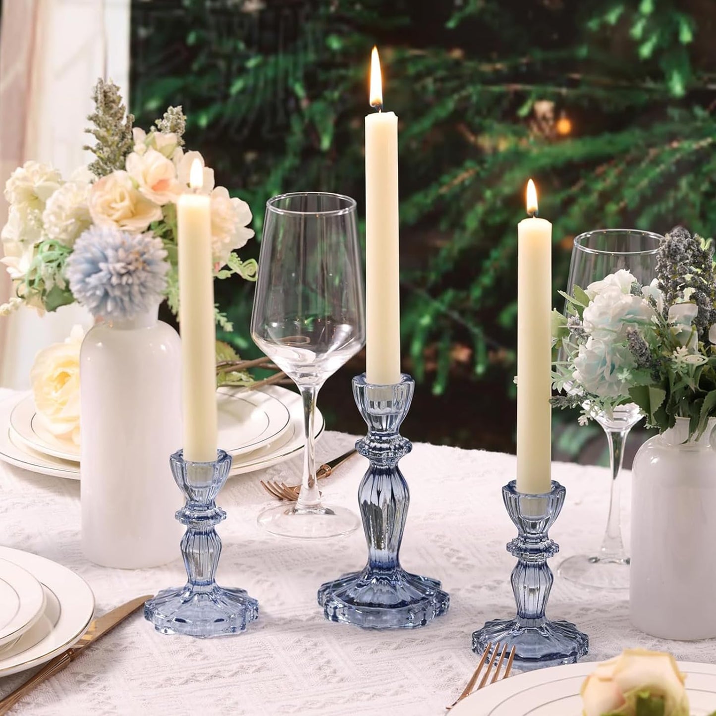 Simeitol Blue Candlestick Holders Set of 6, Taper Candle Holders, 4.3" H & 6.3" H Glass Candle Holder for Candlesticks & Pillar Candles, Candle Holder for Table Centerpieces and Wedding Decor