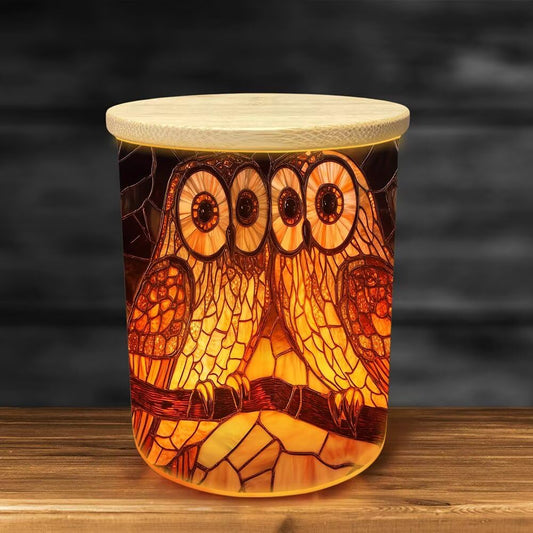 Stained Glass Owls Tea Light Candle Holders, Spring Blossoms Tealight Candle Holder Jar with Wooden Lid, Votive Candlesticks for Table Centerpieces, Christmas,Birthday Party,Home Decor