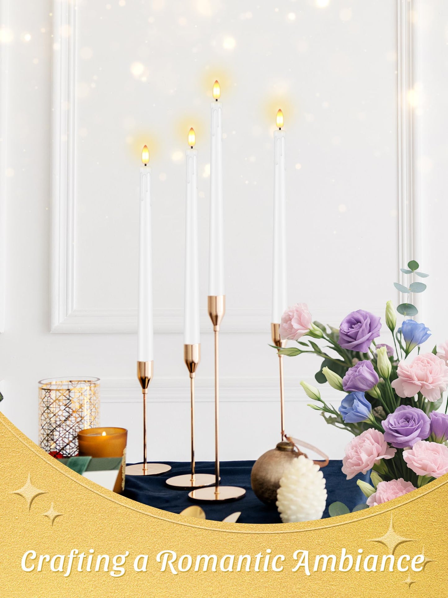 Warmhere 12 Pcs Flameless Taper Candles with Remote Timer, 11" Long Battery Operated Dripping Taper Candles, Flickering 3D Flame, Plastic Fake LED Candlesticks for Home Wedding Party Holiday, White
