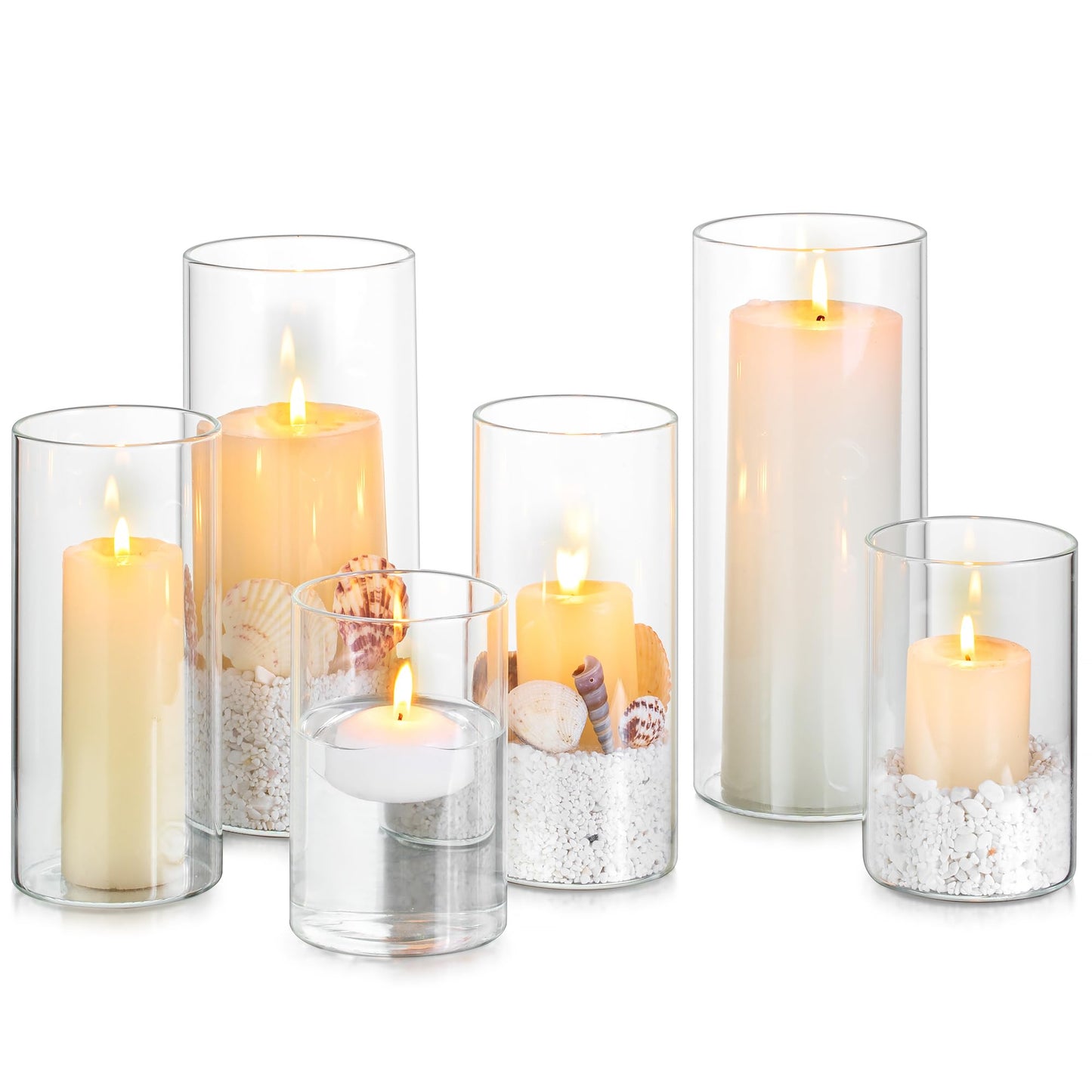 Glasseam Hurricane Glass Candle Holders: 6 Pcs Clear Cylinder Vases for Centerpieces Large Pillar Candle Holder for Floating Candles Set Modern Home Decor Wedding Table 5.3'' 7.3'' 9.5'' Height