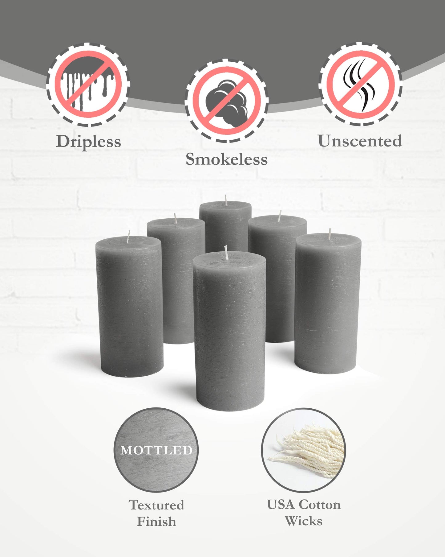 Mottled Pillar Candles by Bask - Set of 6-3" x 6" Dripless Unscented Candles in Grey for Home Decor, Relaxation & All Occasions