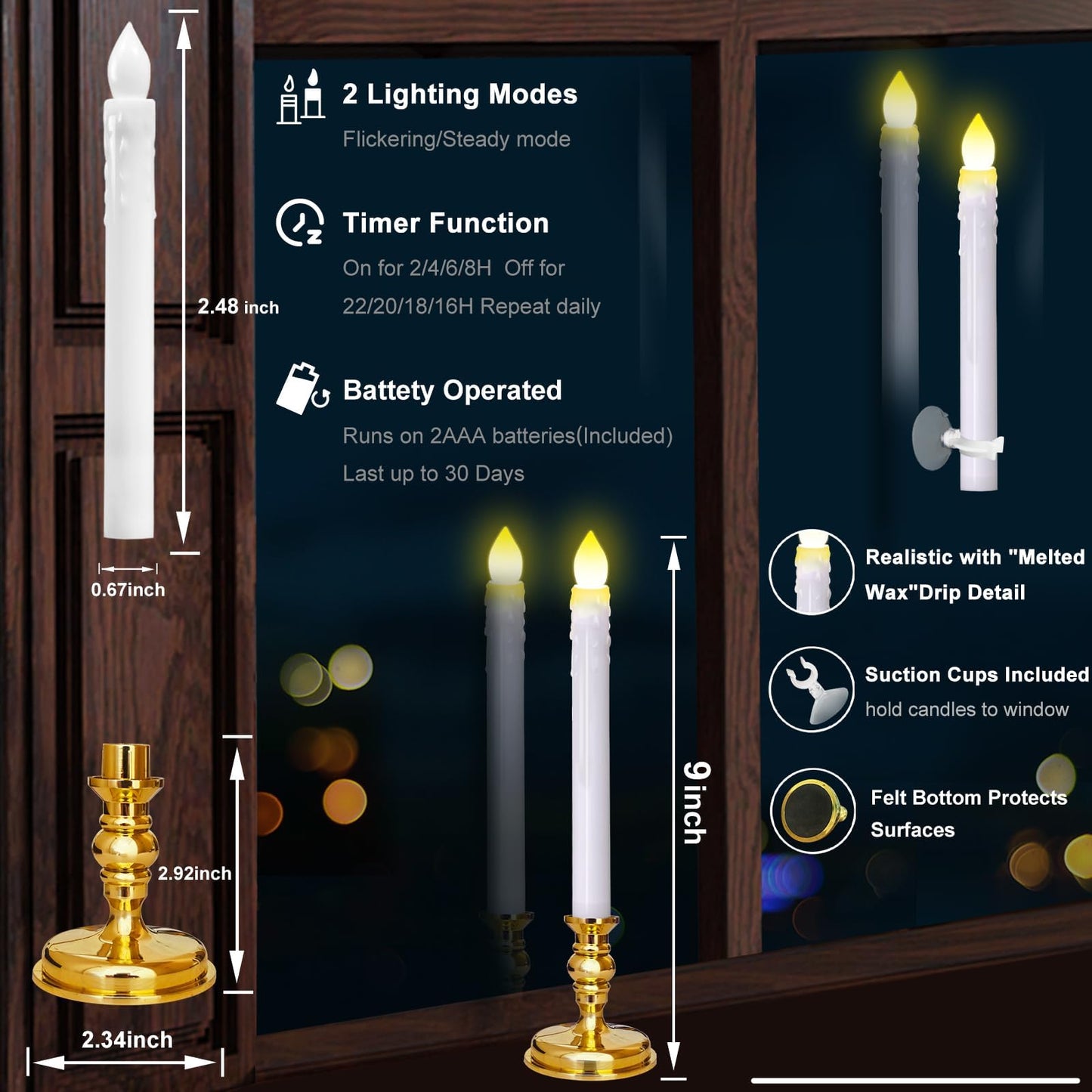 Kithouse Flameless Candles 10 Pack Battery Operated Window Candles with Drip Texture,Remote Timer,10 Removable Candle Holders,10 Suction Cups,20 AA Batteries for Home Decor Christmas Wedding(Gold)