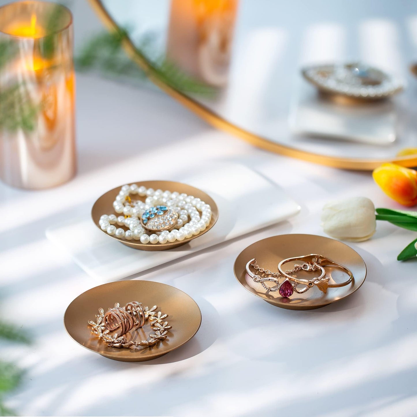 Inweder Pillar Plate Candle Holder: Gold Candle Plates and Trays for Pillar Candles Iron Pedestal Stand Decorative for Led & Tealight Home Weddings Table Party Decor Set of 3