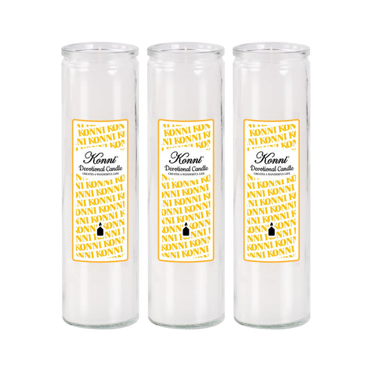 KONNI 2x8 Inch White Pillar Candles in Glass Set of 3, Devotional Prayer Candle, Unscented Religious Candles, 105 Hours Emergency Long Burning, Ideal for Memorials, Vigil, Blessing