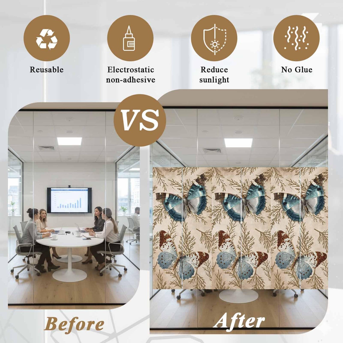 Vintage Butterflies Privacy Window Film, Brown Branch Leaf Plant Insects Stained Glass Film Non-Adhesive Window Clings, UV Blocking Static Sticker Covering Reusable for Home 19.6x39.3in