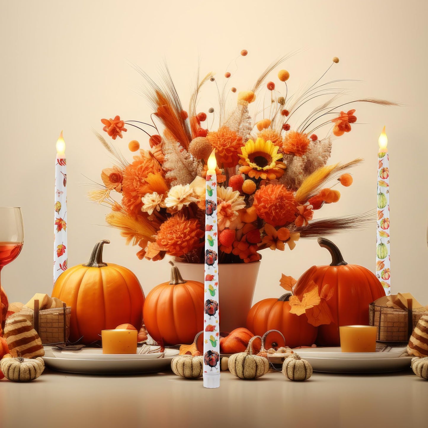Kittmip 6 Pcs Thanksgiving Flameless Taper Candles 11 Inch Harvest Battery Operated LED Fall Leaves Pumpkin Turkey Candles Table Centerpiece for Home Party Decor