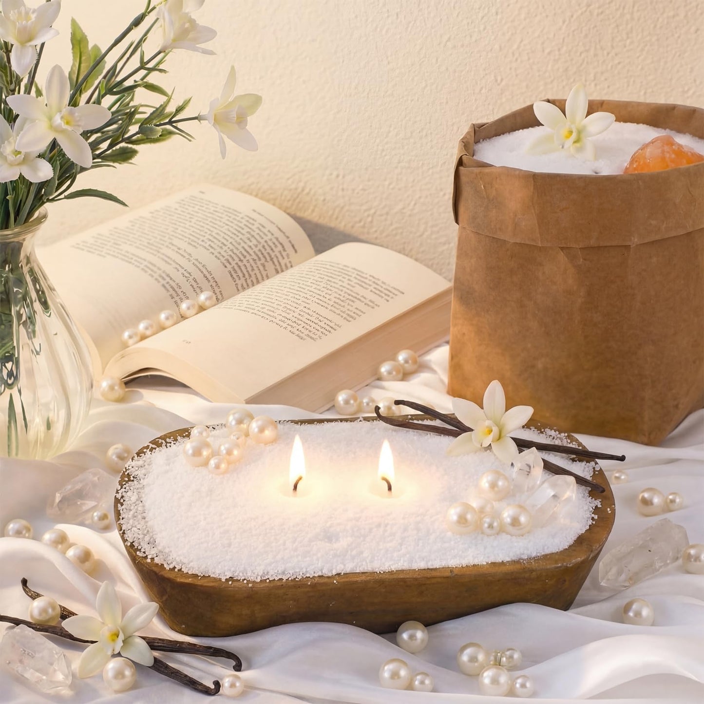 Conelist 1lb Vanilla Pearled Candle Sand Wax Set Customized Powder Making Candles Refill Kit Palm Wax All Natural Non Toxic with 10 Wicks for Gifts DIY Making