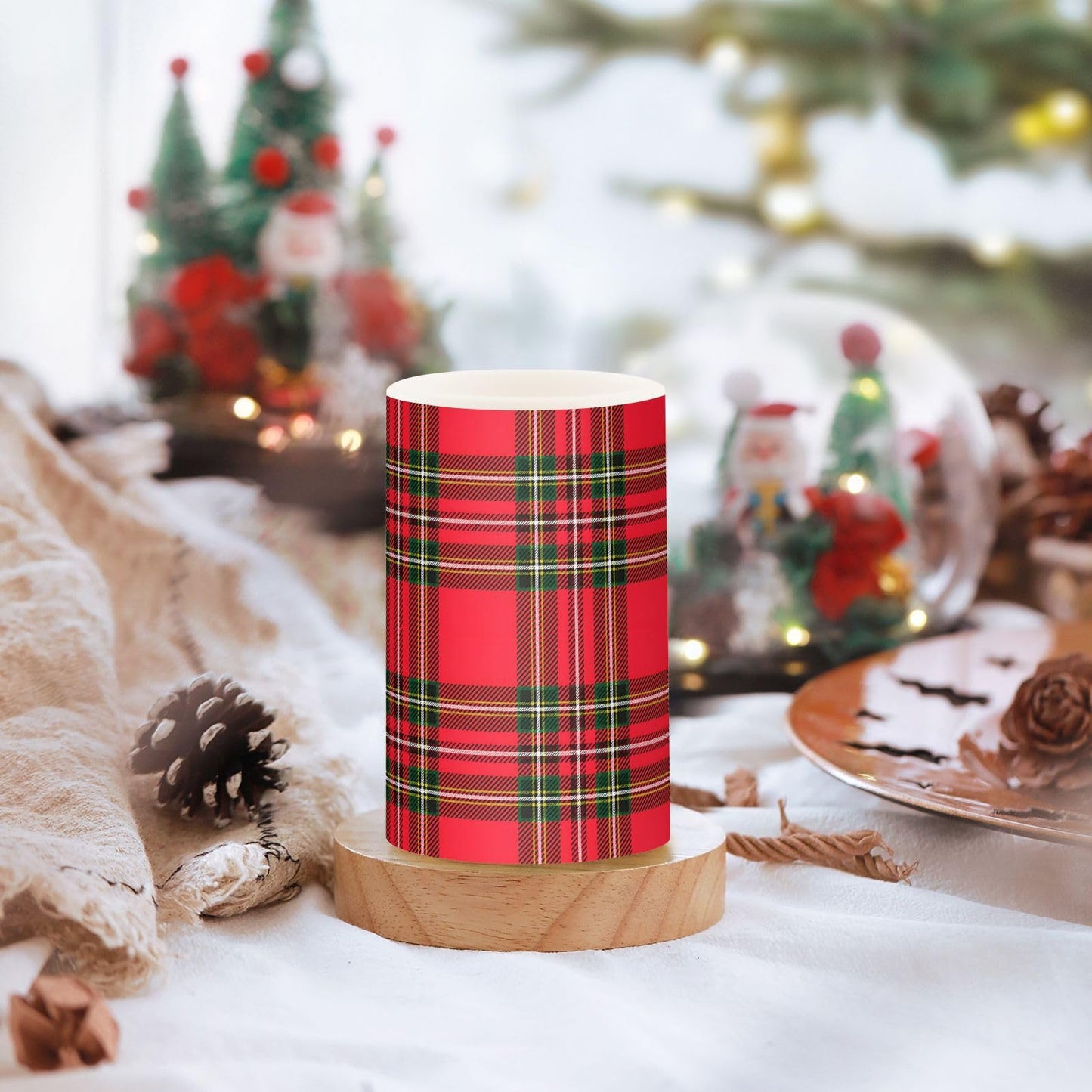 BOENLE Flickering Flameless Candles, Red Green Tartan Plaid Christmas LED Candles with Remote Timer, Set of 2 Battery Operated Candle for Valentine Wedding Birthday