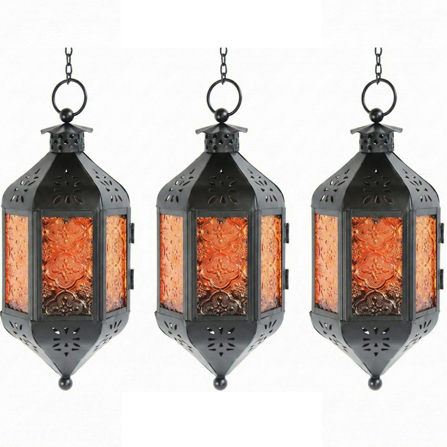 Vela Lanterns Hanging Moroccan Lamp - Exotic Decorative Patio & Porch Decor, Indoor Outdoor Tea Light Candle Lantern Holder with Chain (11" Medium, Amber Glass, 3-Pack)