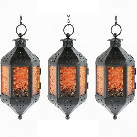 Vela Lanterns Hanging Moroccan Lamp - Exotic Decorative Patio & Porch Decor, Indoor Outdoor Tea Light Candle Lantern Holder with Chain (11" Medium, Amber Glass, 3-Pack)