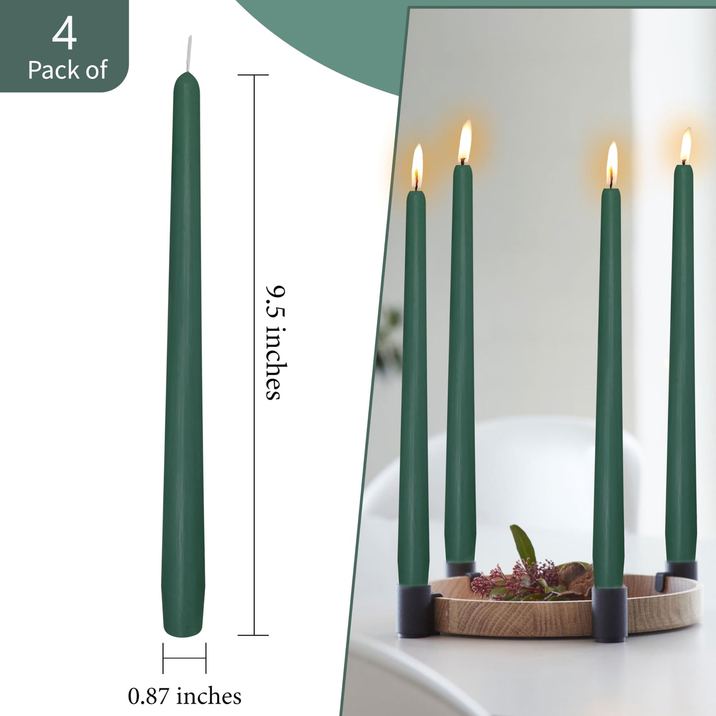4 Pack Tall Taper Candles - 10 Inch Hunter Green Candlesticks, Cedar Scented Taper Candles Dinner Candle - Paraffin Wax with Cotton Wicks - 8 Hour Burn Time