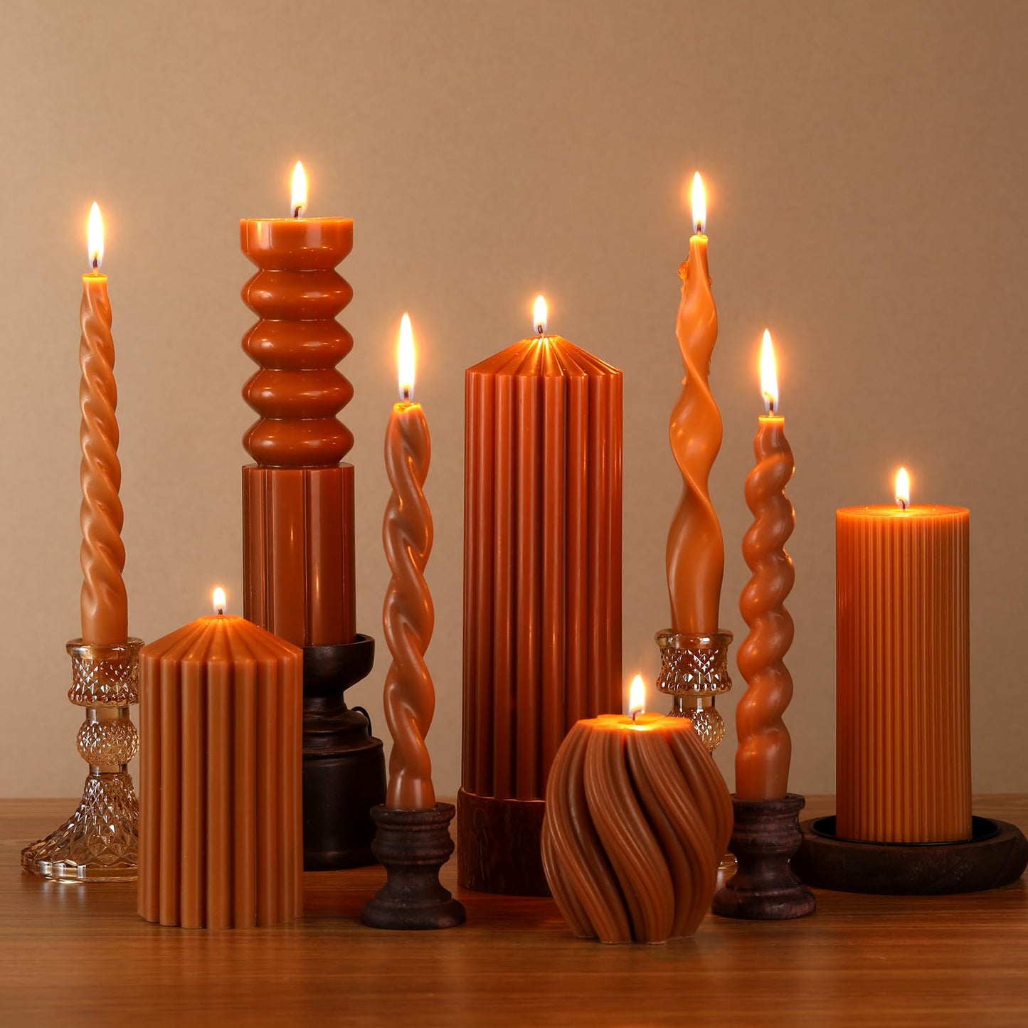 Nuanchu 9 Pcs Modern Decorative Candles Set 5 Pillar Aesthetic Ribbed Candles 4 Spiral Taper Twisted Candlesticks Scented Smokeless Soy Wax for Wedding Holiday Dinner Home Decorations(Brown)