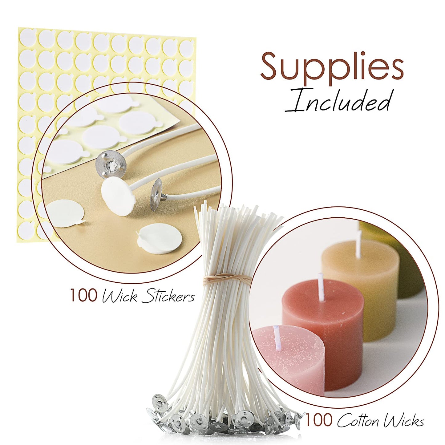 Hearth and Harbor Candle Wicks for Candle Making and Adhesive Candle Wick Stickers, 100 6-Inch Cotton Wicks + 100 Double-Sided Heat Resistant Candle Stickers