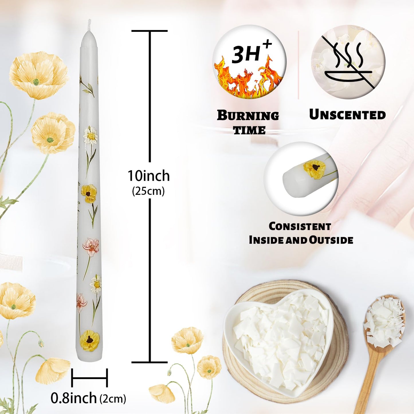 Floral Taper Candles 10 Inch Tall Unscented Handmade White Corn Poppy Print Long Burning Elegant Candlesticks for Wedding Dinner Home Decor