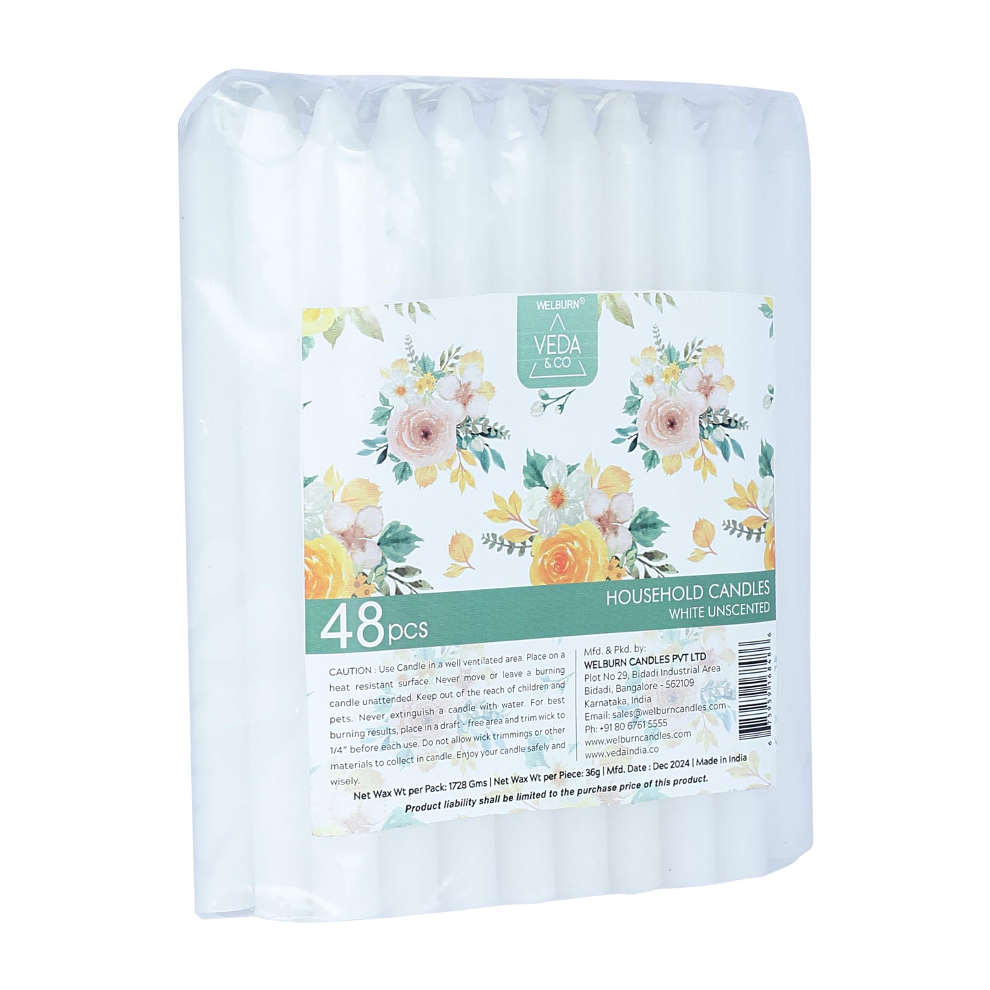 Welburn Veda&Co™ Church Candles, Household, Emergency - Pack of 48, 16mm x 8" (7 Hours Burn Time), 100% Fully Refined Paraffin Wax, for Memorial, Christmas Eve, Shabbat (White)