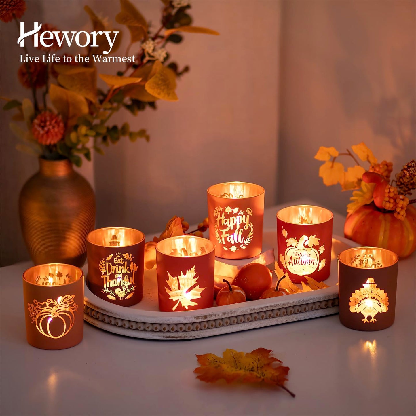 Hewory Thanksgiving Votive Candle Holders: Fall Glass Tea Light Candle Holder Set of 6, Thanksgiving Table Decorations Centerpieces for Dinner Tabe Fireplace Mantle Fall Decorations for Home Party