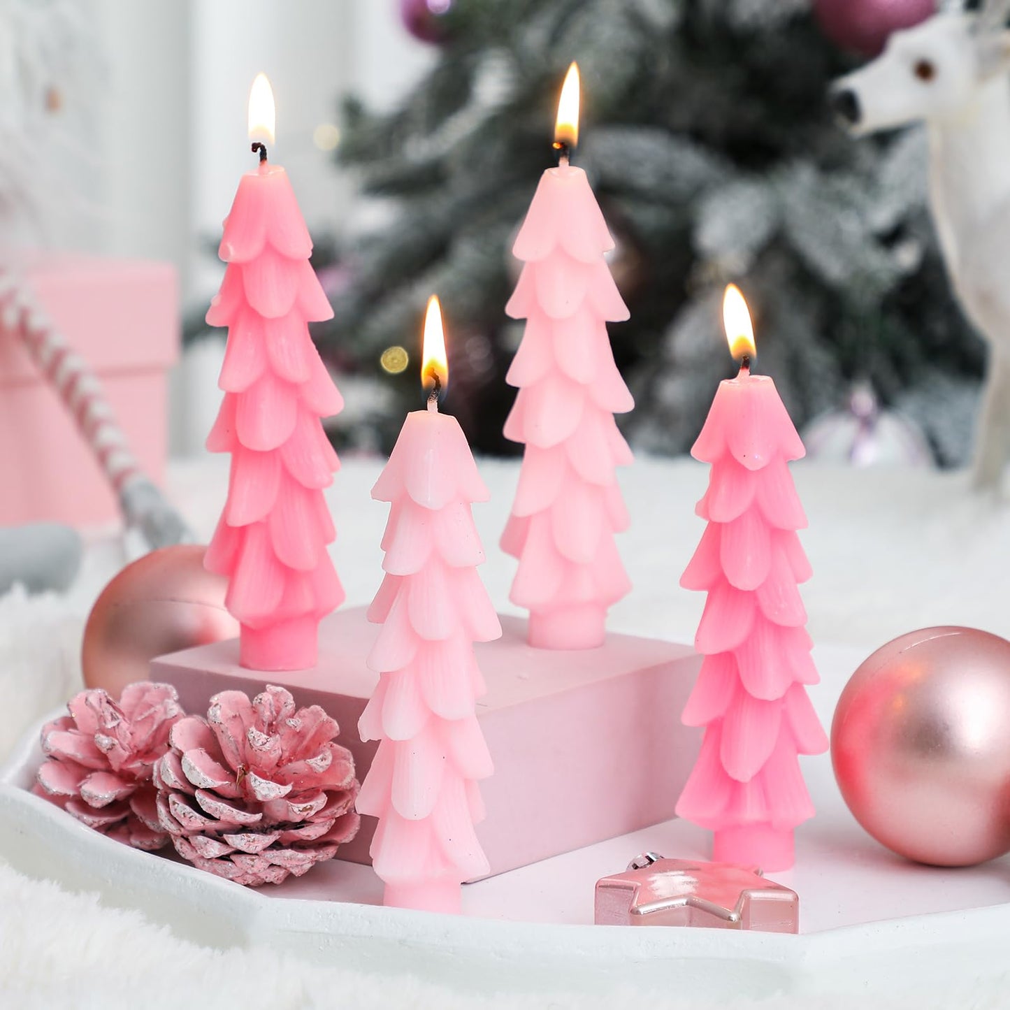MTLEE 4 Pcs 5 Inch Christmas Tree Shaped Taper Candles Pink Xmas Holiday Candle Unscented Candlesticks for Christmas Party Room House Kitchen Decor Wedding Decorations Gift
