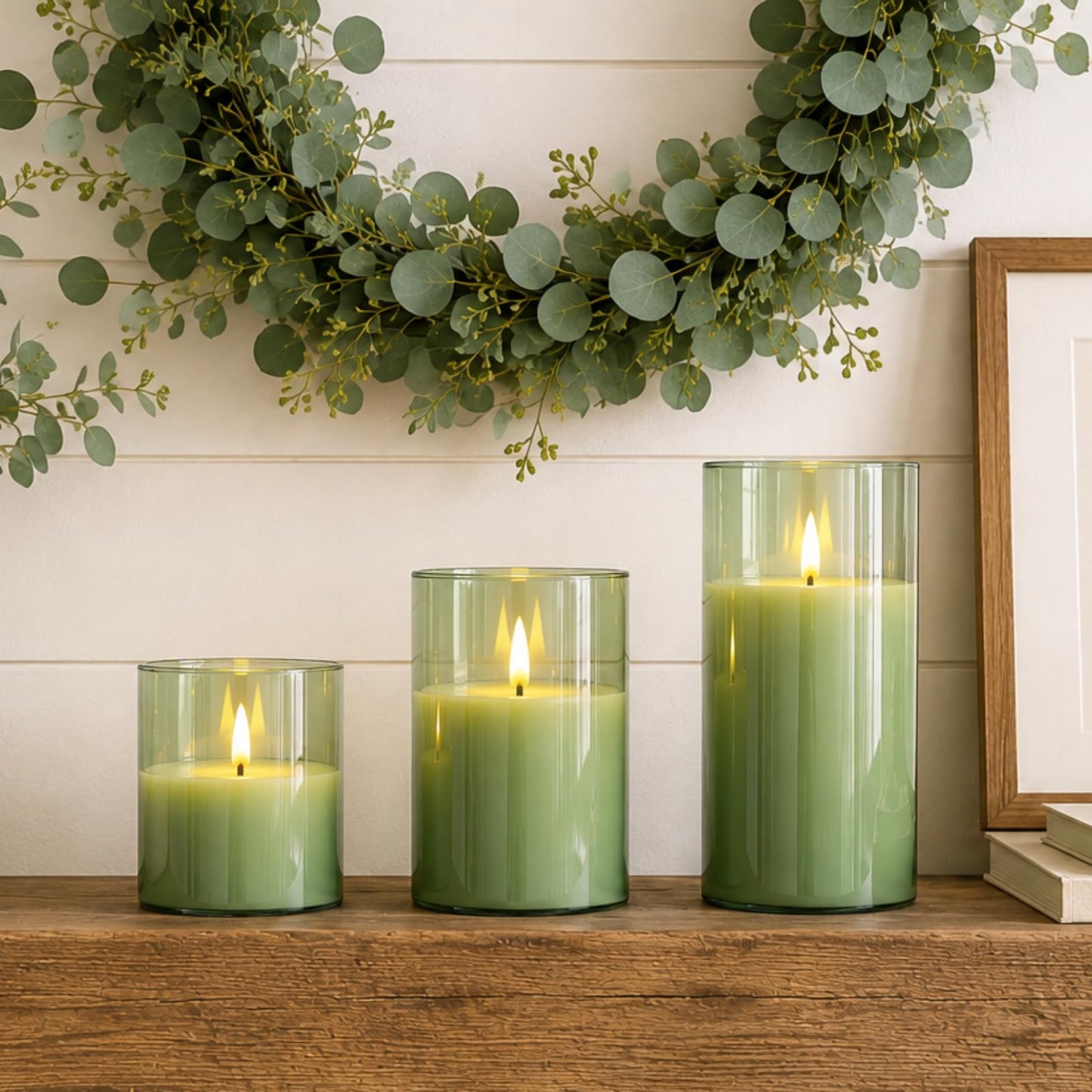 Homemory Green Glass Flameless Candles, Battery Operated LED Pillar Candles with Remote Control and Timer, Radiance Candles, Real Wax, Set of 3,D3 xH4 5" 6"