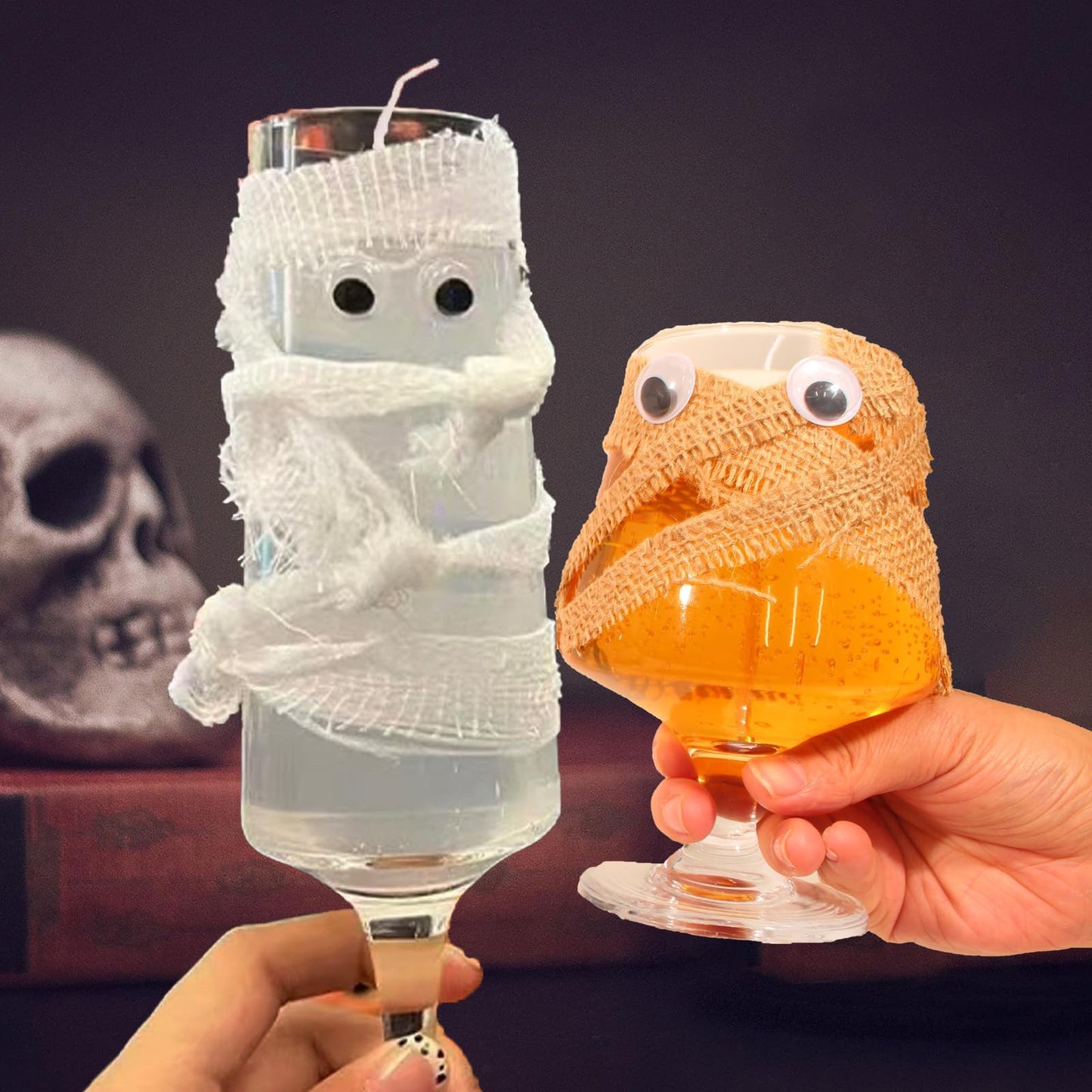 Candle Halloween Mummy Wine Glass Decorations, Summerween Orange and White Party Glasses with Googly Eyes, Spooky Candle Set, 2 Pack