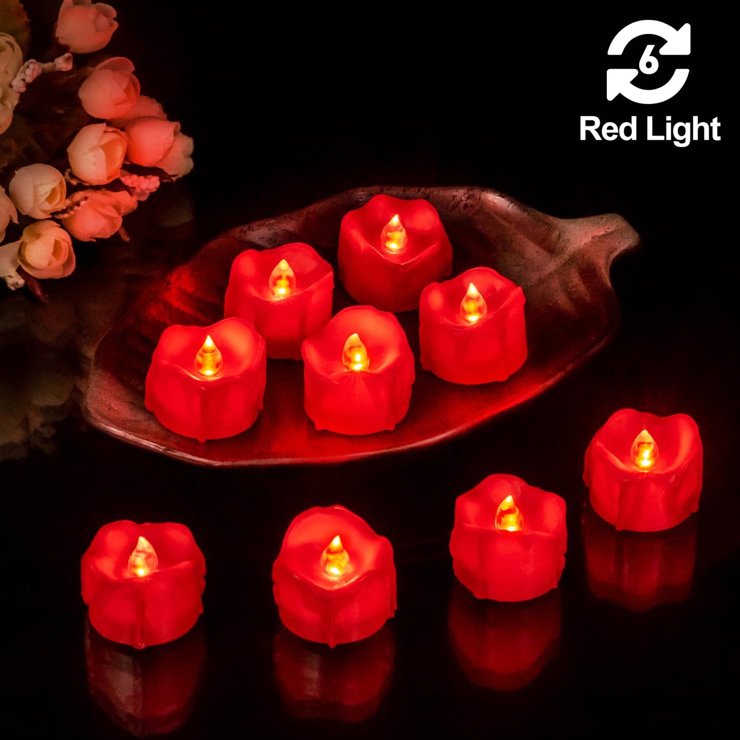 Windshell Red Flickering Flame Tealight Candles with 6H Timer (No Remote), Battery Operated Flameless Tea Lights with Melting Design, for Valentine's Day Christmas Wedding Party, 12 Pack