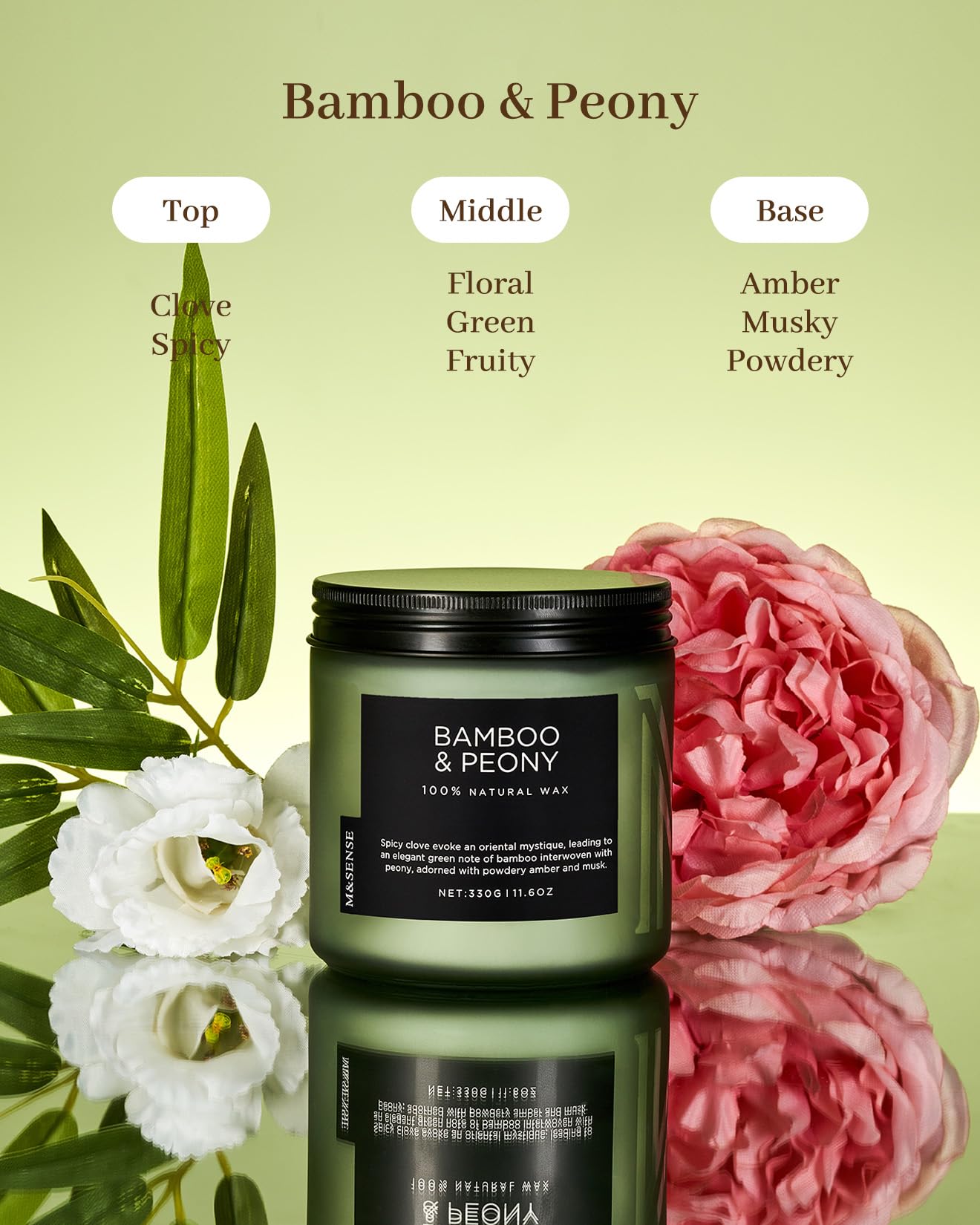 M&SENSE Bamboo Peony Scented Candles for Home, 11.6oz Natural Soy Wax, 70 Hours Slow Burning Aromatherapy Jar Candle, Home Fragrance Gifts for Stress Relief Relaxation