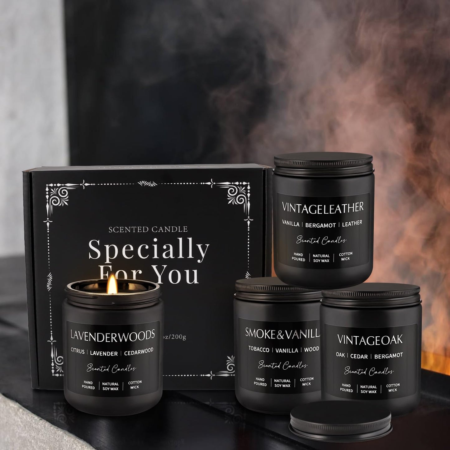 WPONSZU 4Psc Scented Candles Set,7oz Gifts for Men Aromatherapy,Soy Candle of Smokeless - Leather & Smoke, Vanilla Oakmoss, Lavender - Relaxing Fragrance for Home, Office, Yoga(Black)
