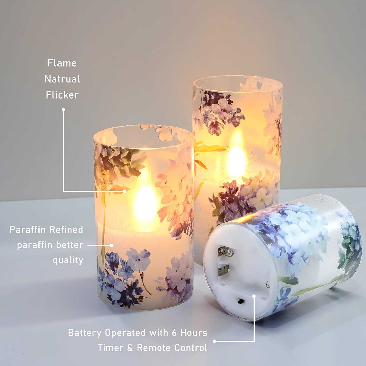 FLAVCHARM Floral Flameless Candles Decorative Battery Operated with Remote Hydrangea Flowers Romantic Lovers Flickering Pillar Candles for Wedding Tray Centerpiece Home Decor
