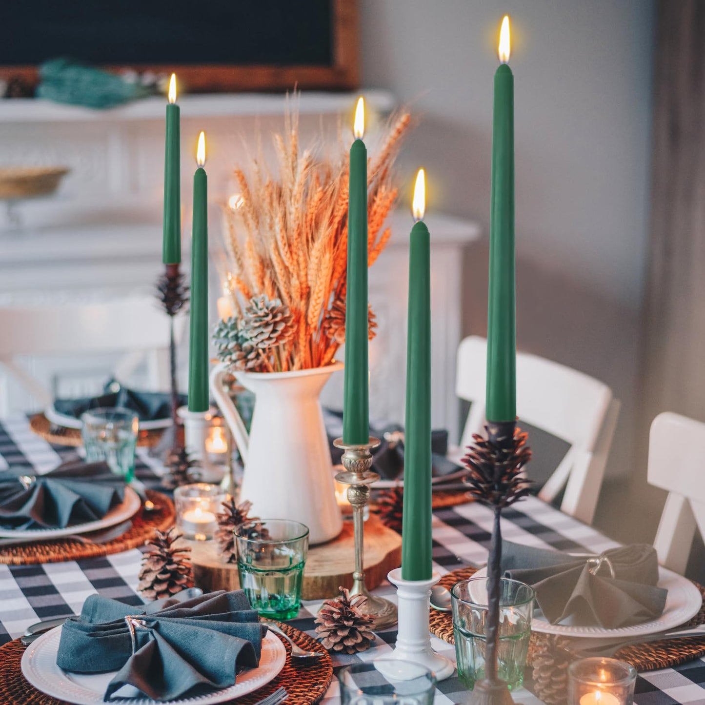 12 Pack 10 inch Hunter-Green Taper Candle Set for Holiday Dinner Party, Unscented Long Candlesticks, Dripless and Smokeless, 7-8 Hours Burn