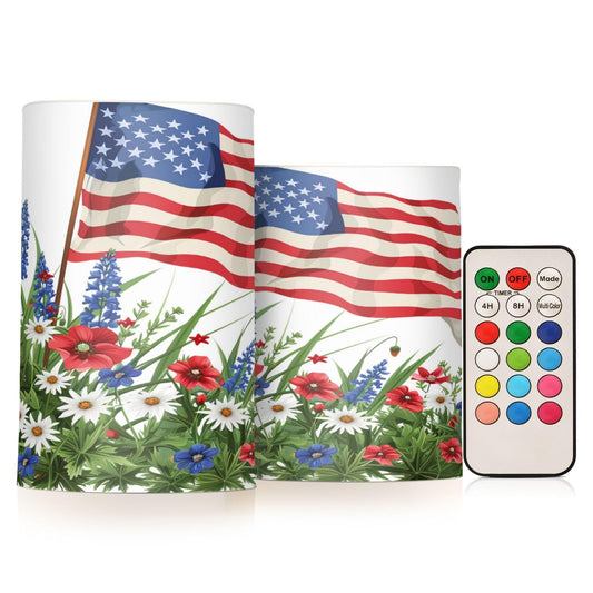 Lights Flameless Candles Wildflowers American Flag Pillar Candles Set of 2 Battery Operated Remote Control Warm Lights Home Decor