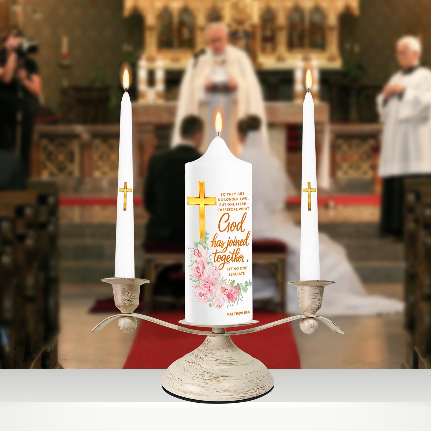 LakWilows Unity Wedding Candle Set with Distressed White & Gold Metal Holder, 3 Piece Wedding Ceremony Candles (8.27" Pillar + 2 Tapers), Cross & Matthew 19:6 Scripture, Catholic Gift for Couple