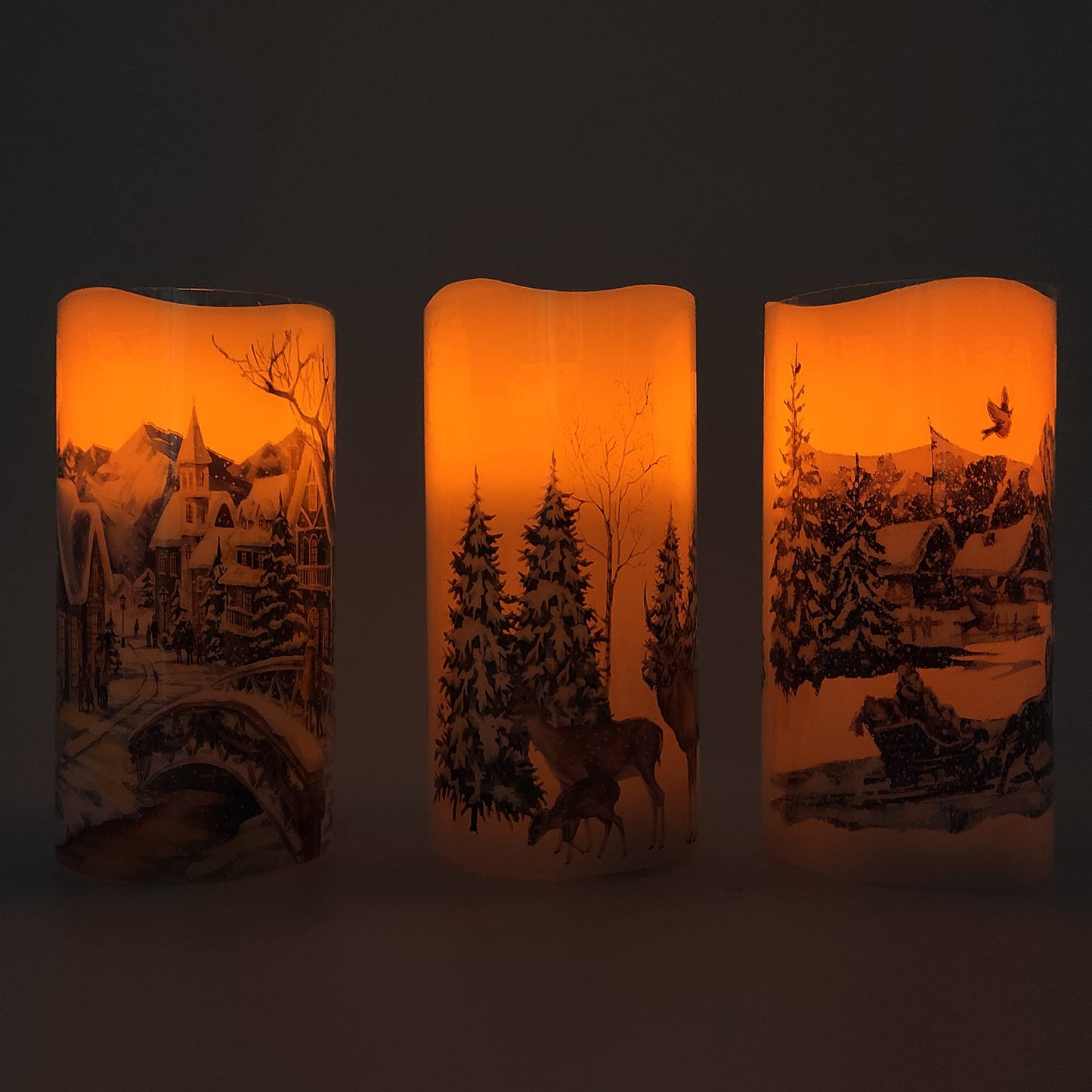 Darnassus Christmas Flameless Candles Real Wax LED Candles Decor Battery Operated with Timer and Green Christmas Tree Decal,Set of 3,Warm Light