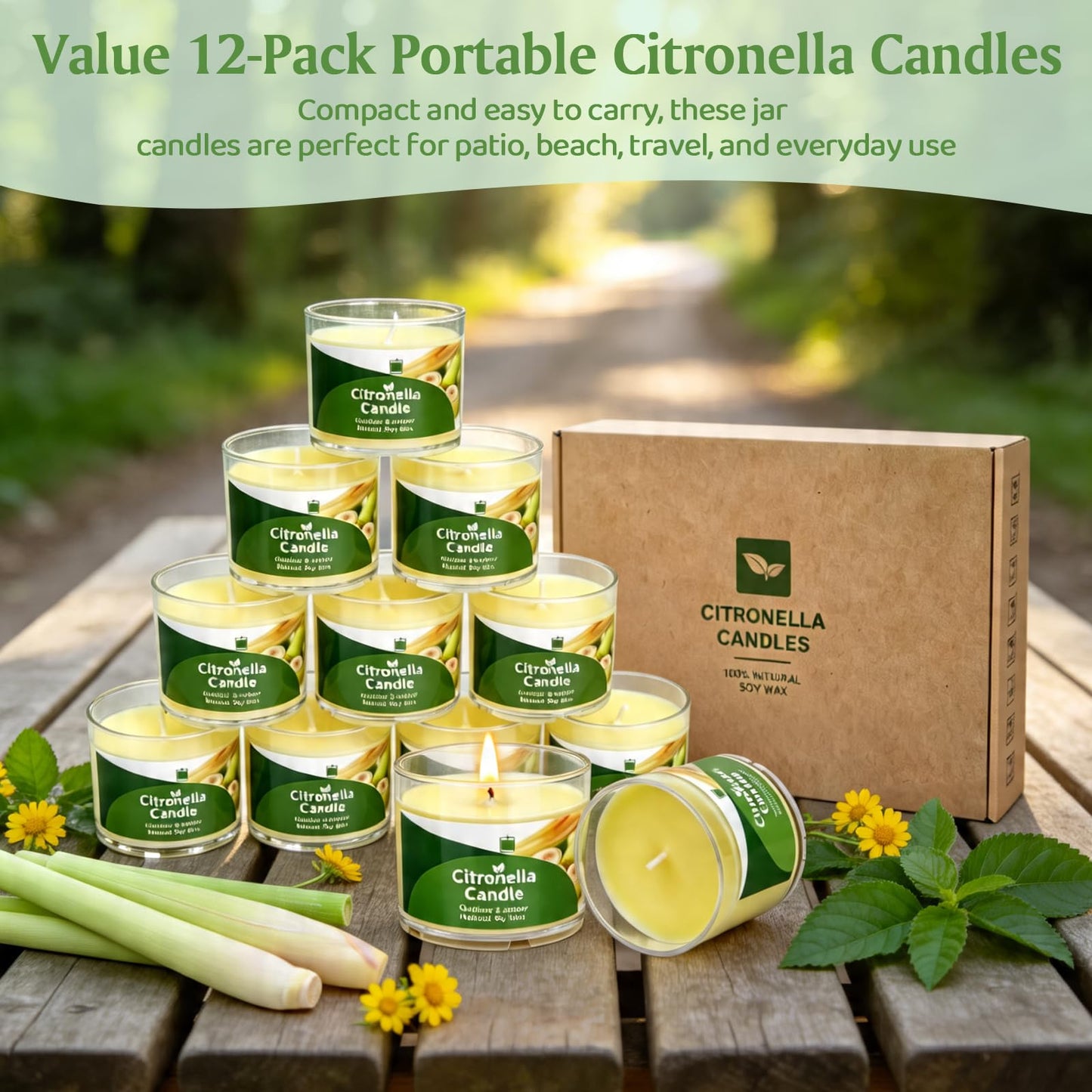 Citronella Candles Outdoor, 12 Pack Citronella Candles, 180 Hours Long Lasting Burn Time, Natural Soy Wax, Indoor & Outdoor Candle for Patio, Camping, Garden, Yard, Balcony, Summer Party, Home