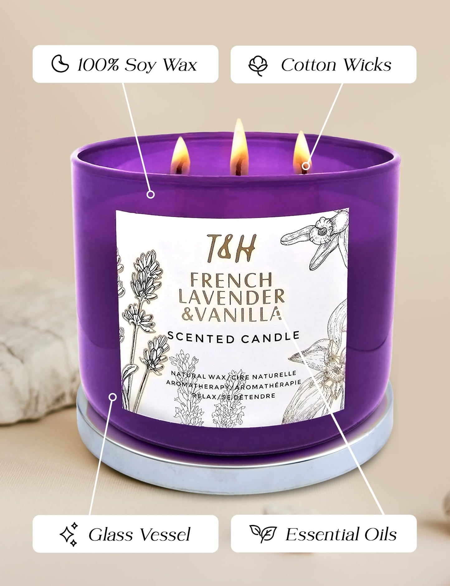 French Lavender Vanilla 3-Wick Scented Candle | 15.8 oz Large Soy Aromatherapy Candle for Home | Clean Burn Long Lasting | Relaxing Floral Vanilla Scent | Cozy Gifts for Women & Men