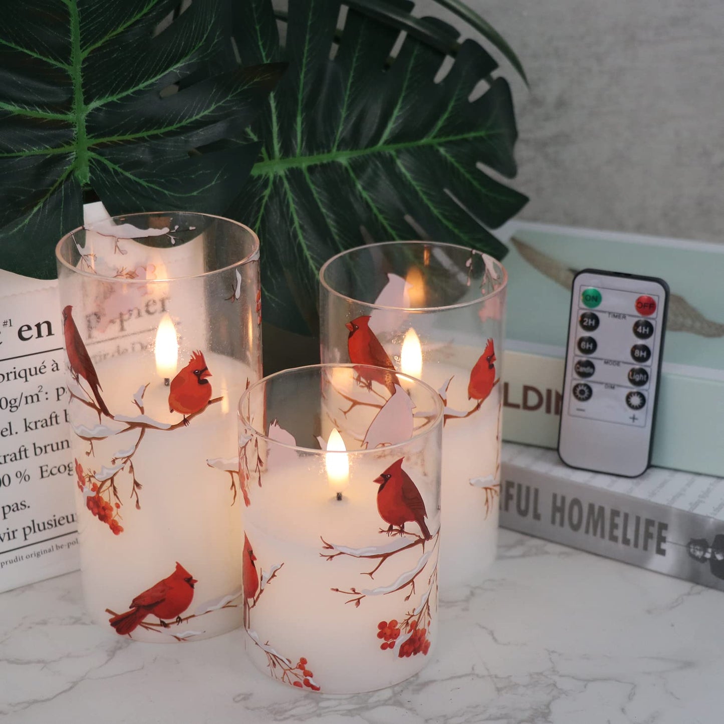 KunSwenn Cardinal Flameless Candles with Remote, Red Bird Glass Battery Operated Candles, Real Wax LED Candles with Flickering Flame, Cardinal Decor Gifts for Women Wedding Home(Pack of 3, 3”x4”5”6”)