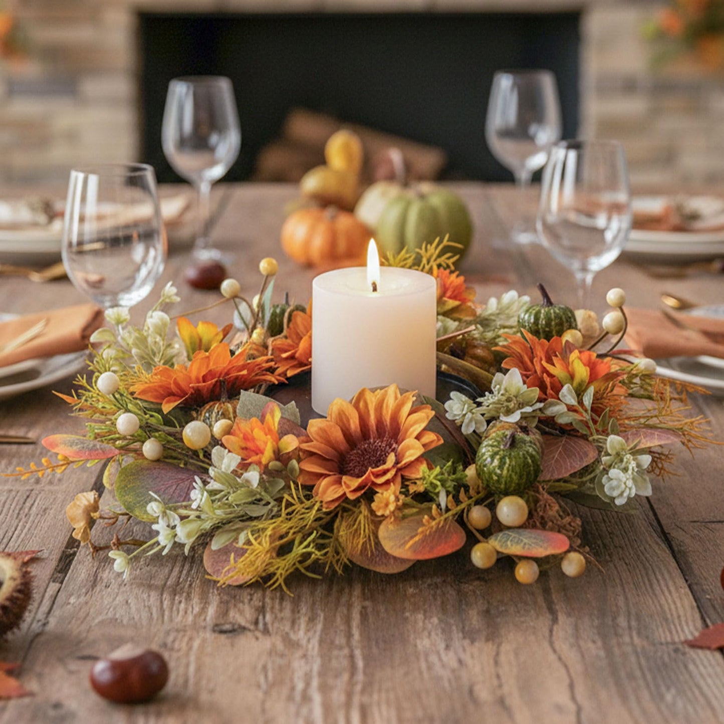 MOYEE Autumn Candle Holder Centerpieces for Tables,Candle Ring, Black Metal Candlestick with an Artificial Wreath 14 in Versatile Dining Table Centrepiece (Caramel Sunflower Wreath)