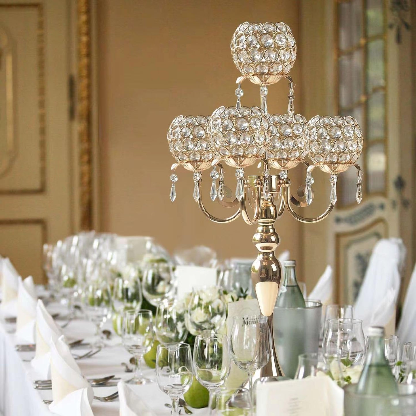 2 PCS Kehail Crystal Table Decoration Gold Candle Holder with Pendant, 5 Arm Candelabra Holder Beautiful Hollow Engraved Table Centerpiece for Christmas, Thanksgiving, Weddings, Holiday Parties