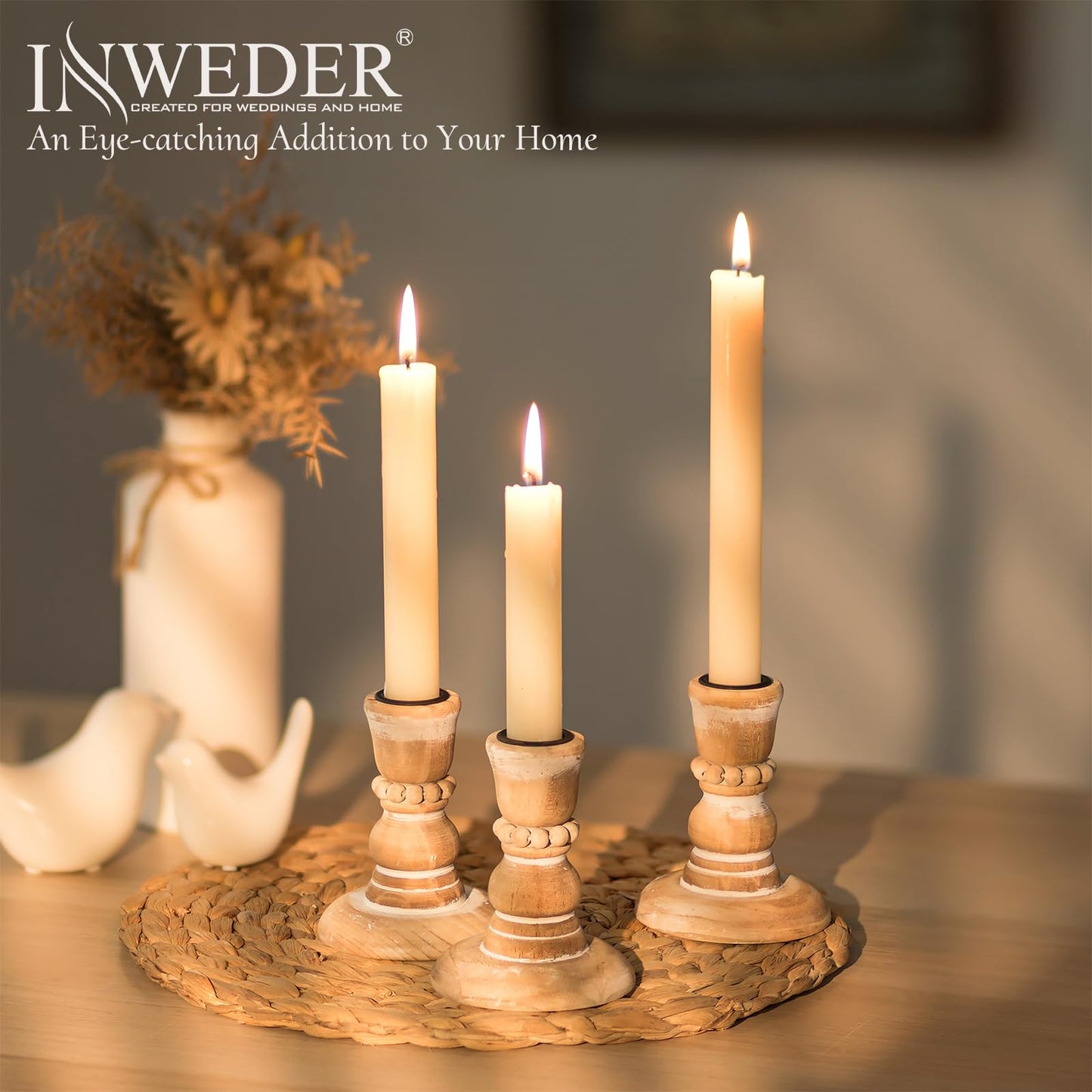 Inweder Wooden Taper Candle Holders: Rustic Wood Candlestick Holders Farmhouse Fall Decor for Living Room Dinning Table Centerpiece Christmas Set of 10