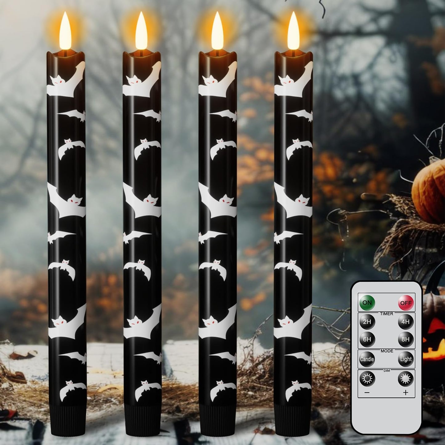 Eldnacele Flameless Flickering Taper Candles with Remote and Timer, Battery Operated Bats Decal Real Wax Black LED Window Candles Set of 4 Fireplace Spooky Halloween Holiday Decor